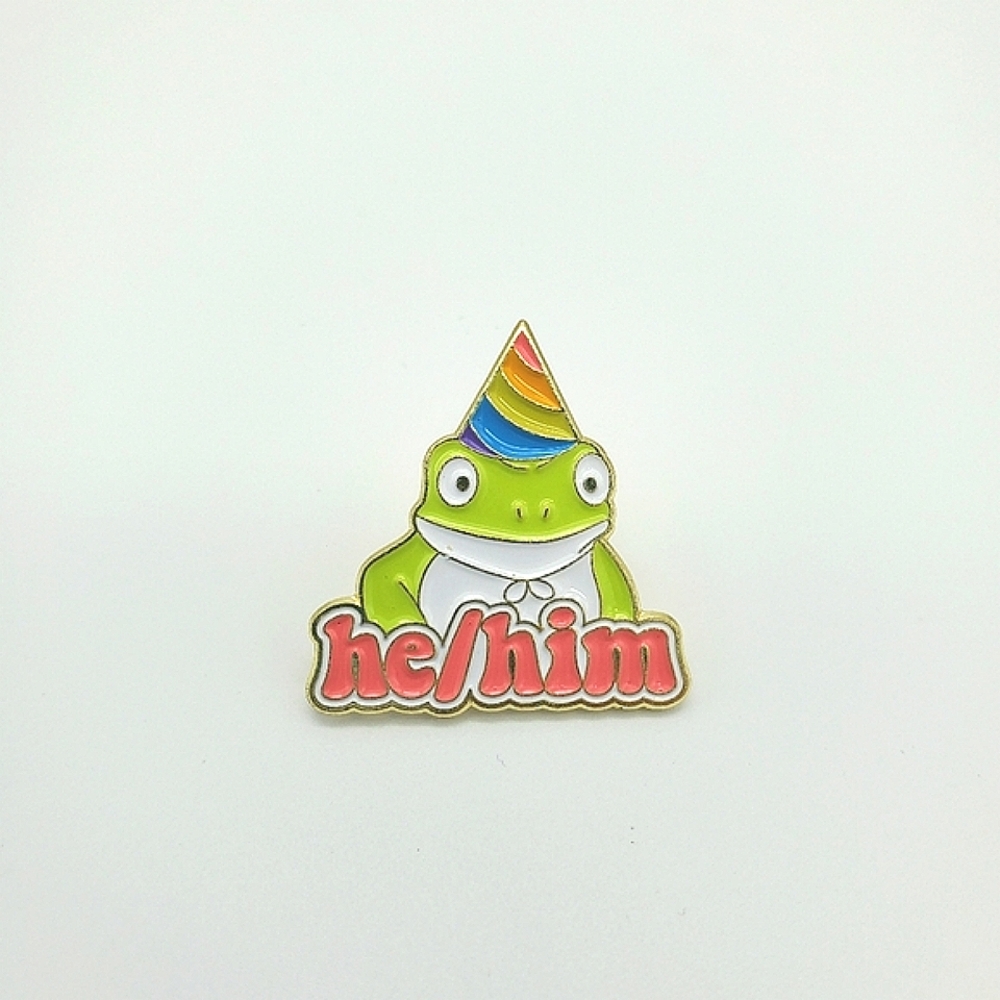 He/him LGBTQ rainbow Pride pin
